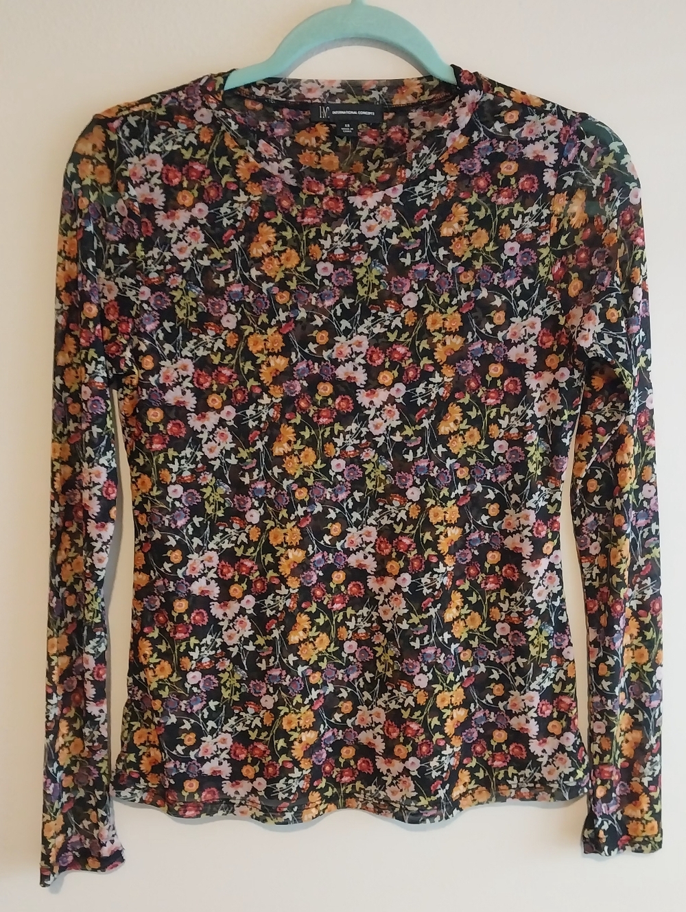 INC International Concepts Multicolor Floral Sheer Mesh Long Sleeve Top